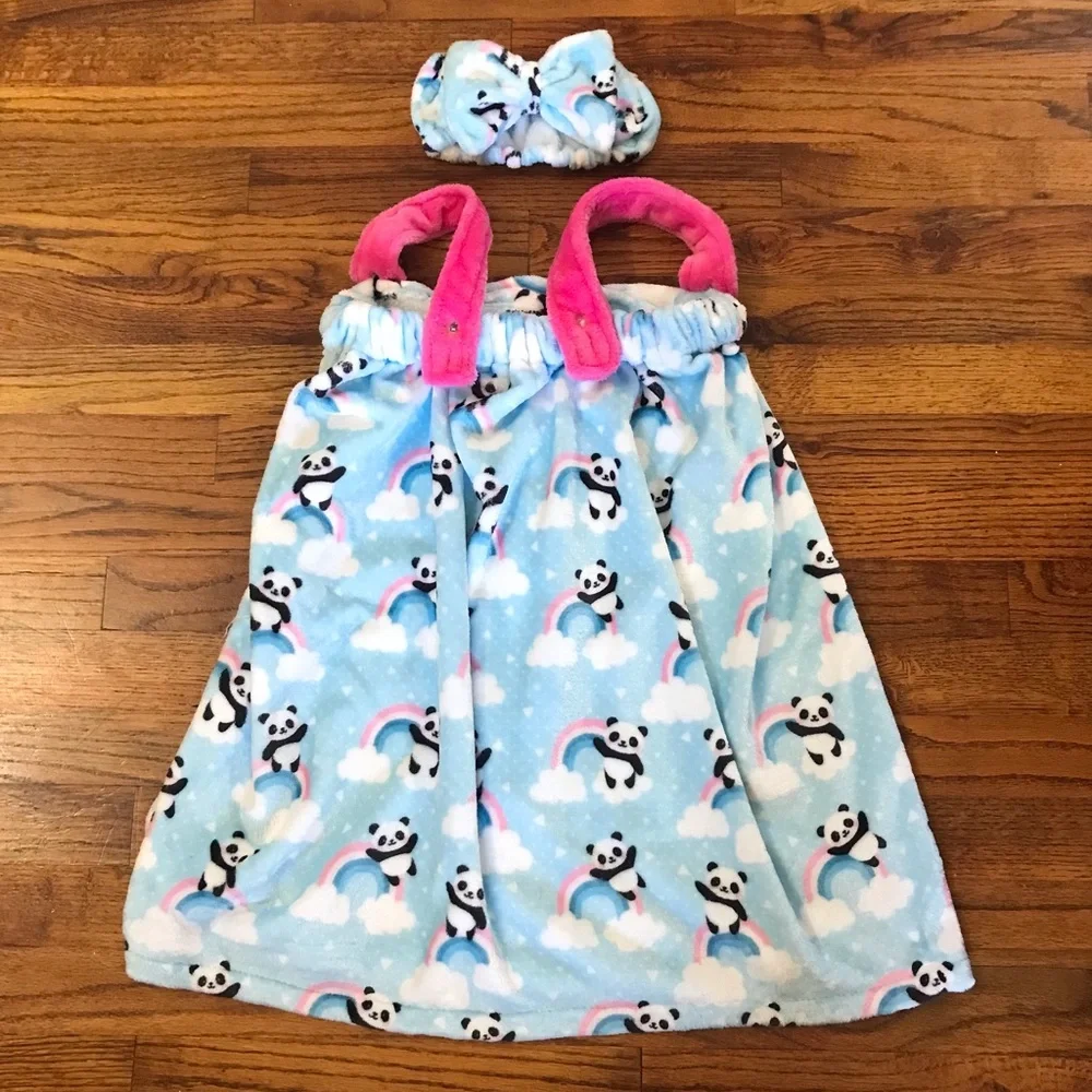 Girls Kids Bath Towel Wrap Cover Headband Hair Wrap Cotton Plush Panda & Rainbow